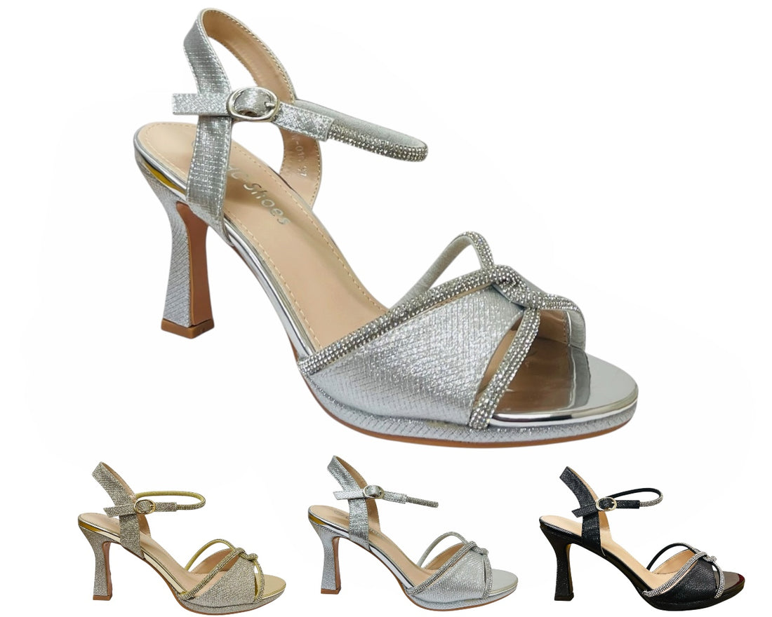 Glitter Diamante Ankle Strap Spool Heel Shoes