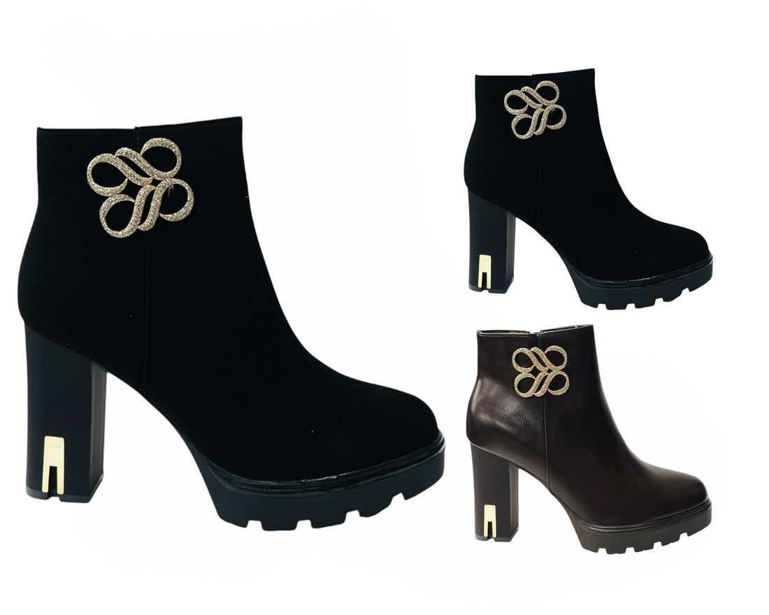 Block Heel Faux Leather Diamante Ankle Boots