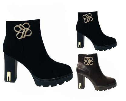 Block Heel Faux Leather Diamante Ankle Boots