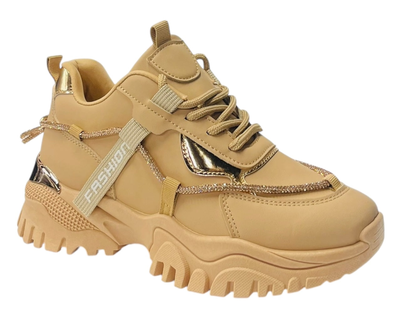 Chunky Sole Diamante Lace Up Faux Leather Trainers