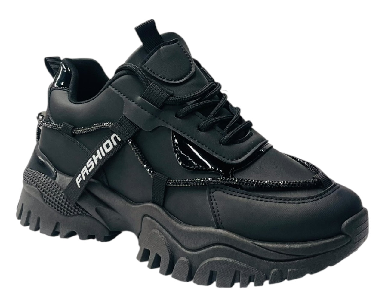 Chunky Sole Diamante Lace Up Faux Leather Trainers