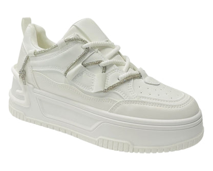 Platform Faux Leather Diamante Lace Up Trainers