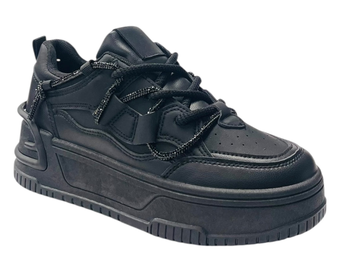 Platform Faux Leather Diamante Lace Up Trainers