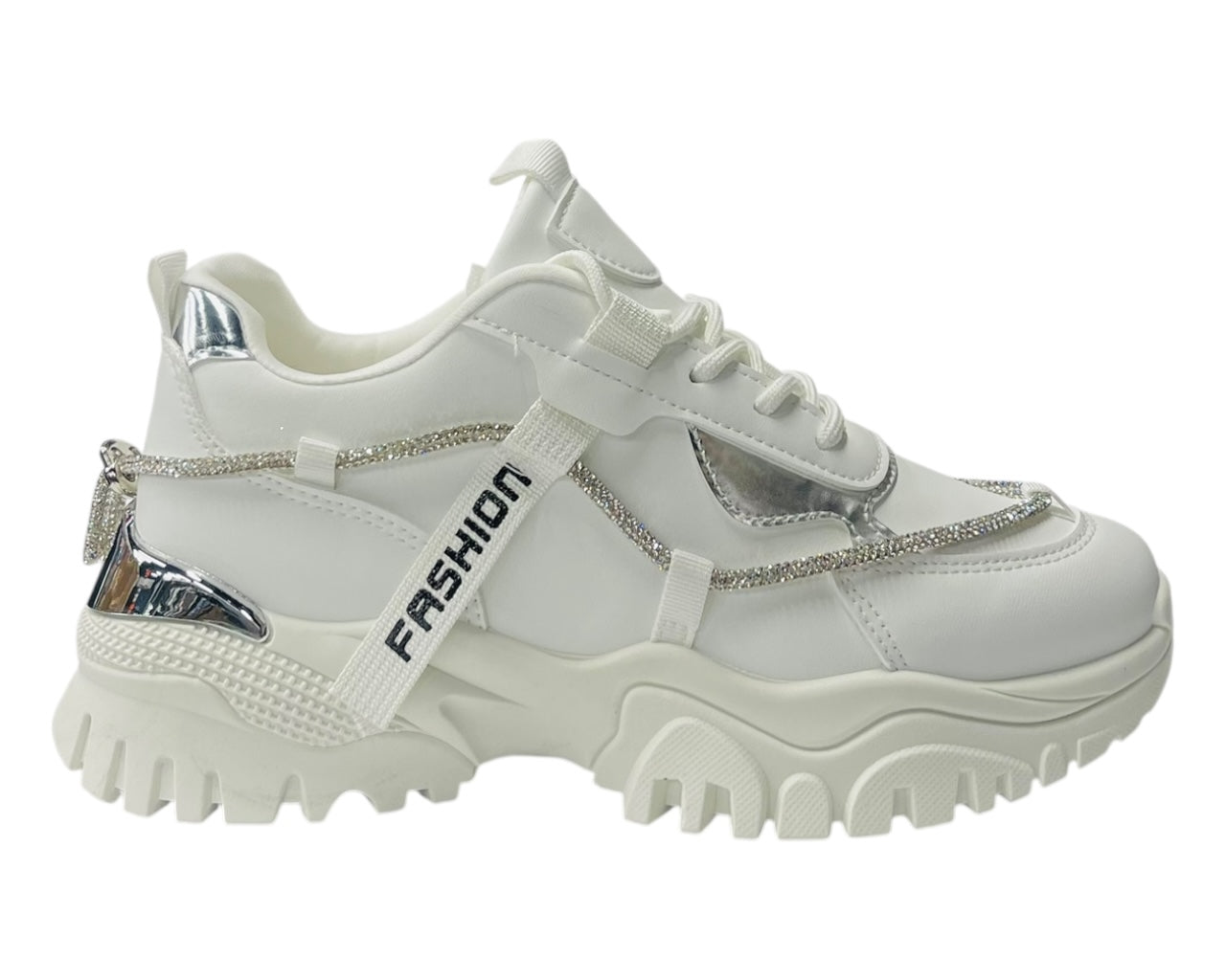 Chunky Sole Diamante Lace Up Faux Leather Trainers