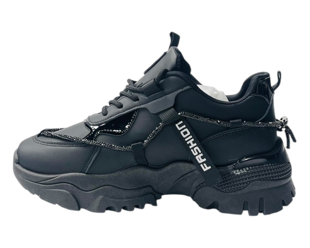 Chunky Sole Diamante Lace Up Faux Leather Trainers