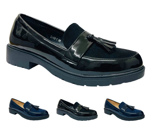 Faux Patent Leather Tassel Slip On Shoes