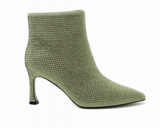 Rhinestone Zip Ankle Boots Beige