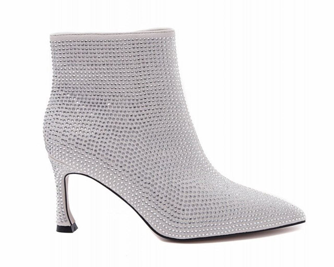 Rhinestone Zip Ankle Boots Silver