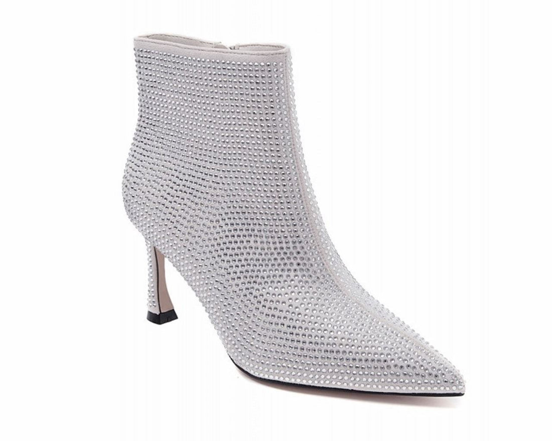 Rhinestone Zip Ankle Boots Silver