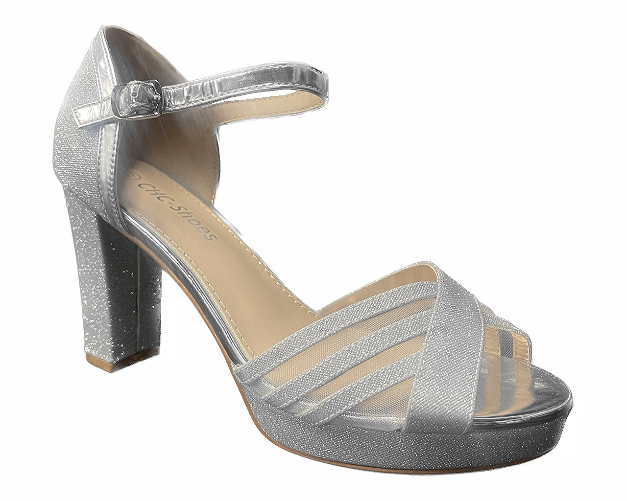 Glitter Ankle Strap Block Heels Shoes