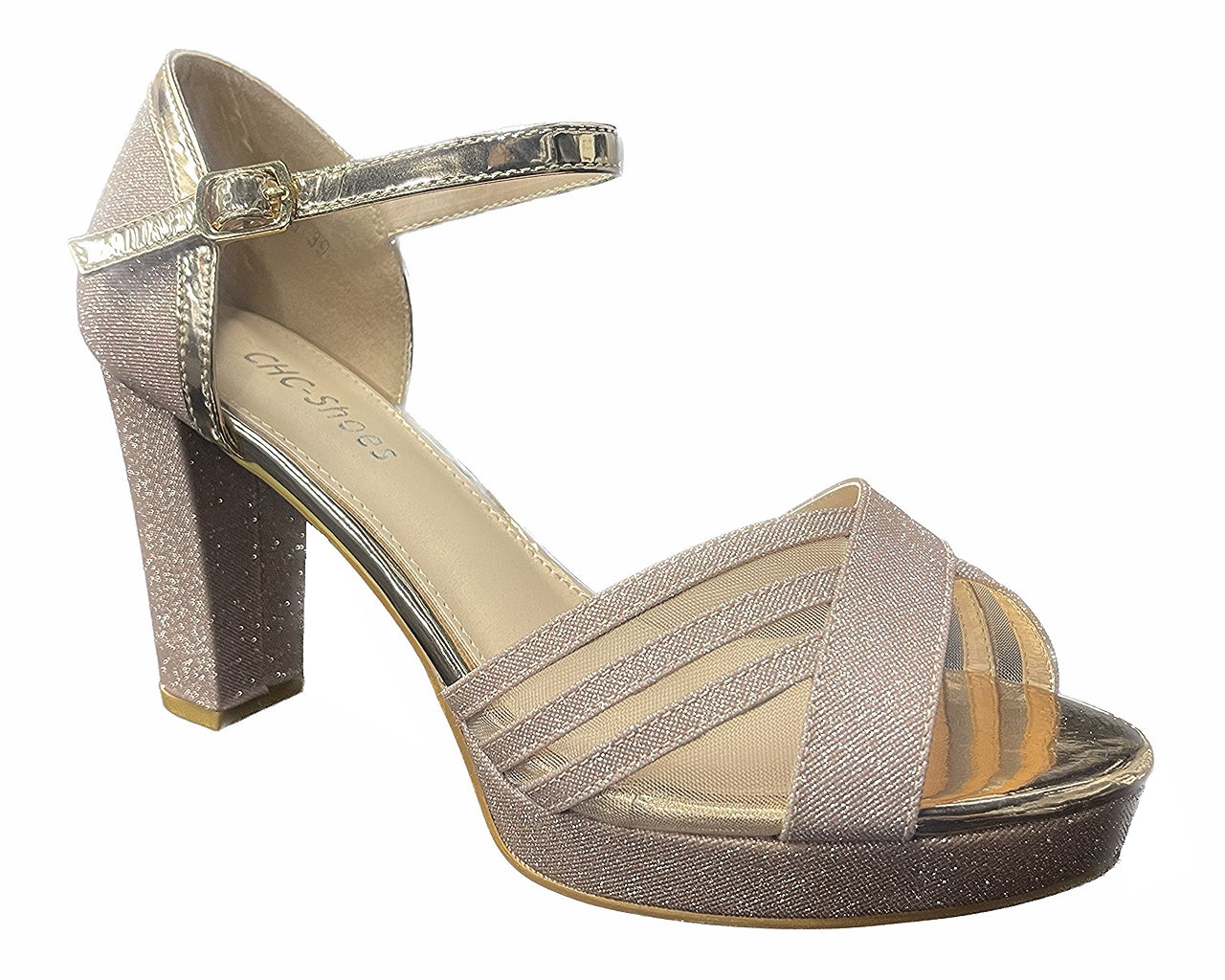 Glitter Ankle Strap Block Heels Shoes
