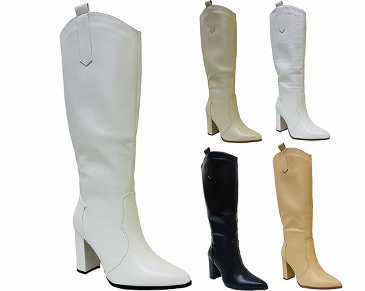 Faux Leather Knee High Block Heel Boots